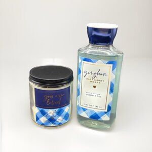 Bath & Body Works Gingham 2 Piece Set Single Wick Mason Jar Candle And Body Wash
